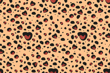 Leopard fur seamless pattern with heart shaped stains. Various heart shaped spots stylized as wild cat fur texture on beige backdropのイラスト素材