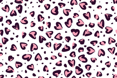 Seamless pattern with animal print. vector illustration. Textured background with heart shaped pink and black stains on white backdropのイラスト素材