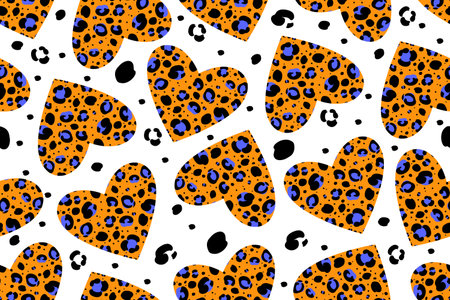 Abstract seamless pattern with hearts and leopard print. Black stains and animal fur texture on white backgroundのイラスト素材