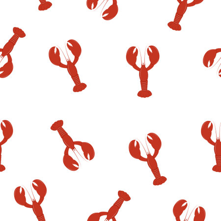 Red lobster seamless print. Vector template for textile, fabric. Marine pattern of crayfishes on white backdropのイラスト素材