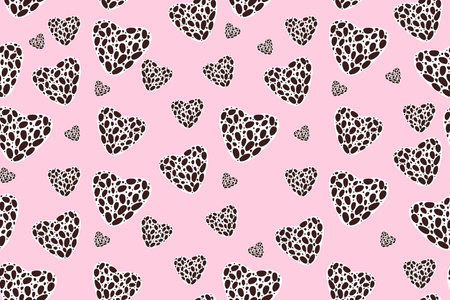 Cute romantic seamless pattern. vector illustration. Hearts with leopard print on pink backdropのイラスト素材