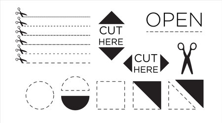 Set of cutting lines and geometric dashed objects with scissors.のイラスト素材