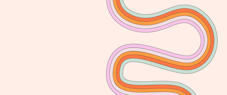 Vector background with groovy rainbow stripe. Retro styled wavy multicolored line on light beige backgroundのイラスト素材