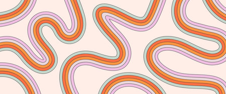 Abstract background with groovy rainbow stripes. Vector pattern with retro styled multicolored lines on light beige backgroundのイラスト素材