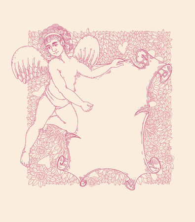 line drawing angel with parchment and floral background のイラスト素材