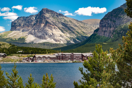 Swiftcurrent Lake, and Many Glacier Lodge, Glacier National Park, Montanaのeditorial素材
