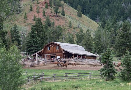 A horse ranch in Jackson Hole Wyoming in a lovely canyon along the Gros Ventre River. Photo taken on: July 18th, 2015のeditorial素材
