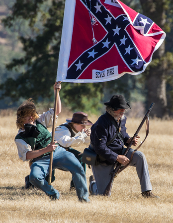 Confederate  soldiers at a Civil War reenactment at Hawes Farm in Anderson, California.のeditorial素材