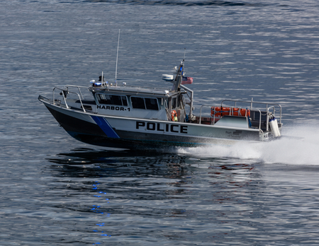 Police boat in Elliot Bay, Seattle.のeditorial素材
