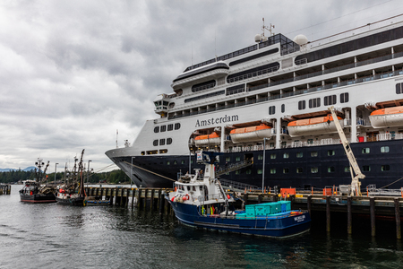Fishing boats and cruises ship in Ketchikan, Alaska.のeditorial素材