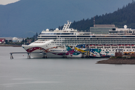 Cruise ship in port at the dock in Juneau, Alaska.のeditorial素材