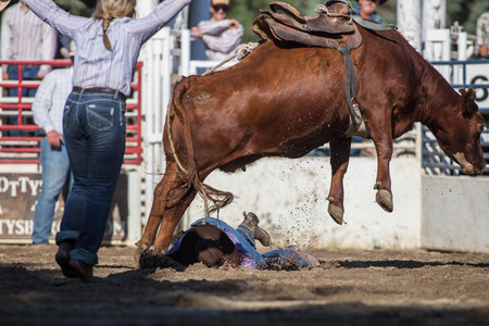 Rodeo action at the Scott Valley Pleasure Park Rodeo in Etna, California.のeditorial素材