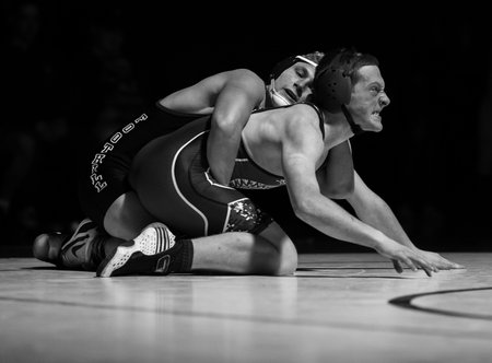 Wrestling under the spotlight with Red Bluff High School vs. Foothill in Palo Cedro, California.のeditorial素材