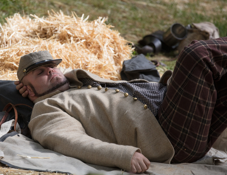 Civil War Reenactors in action  at the Dog Island Reenactment in Red Bluff, California.のeditorial素材