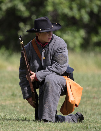 American Civil War reenactors in action at the Dog Island event in Red Bluff, California.