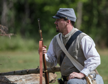 American Civil War reenactors in action at the Dog Island event in Red Bluff, California.のeditorial素材