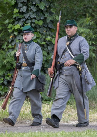 American Civil War reenactors in action at the Dog Island event in Red Bluff, California.のeditorial素材
