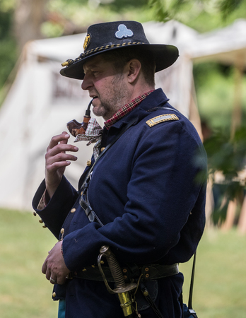 American Civil War reenactor at the Dog Island event in Red Bluff, California.