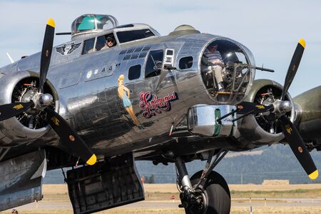 A B-17 Flying Fortress World War Two bomber on display at the airport in Hayden, Idaho.