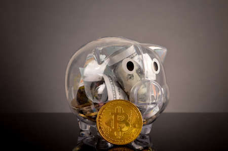 Golden bitcoin and piggy bank with money on the tableの写真素材