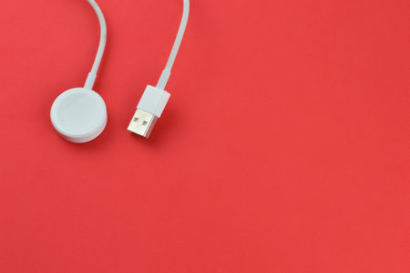 Klang,Malaysia: March 23rd 2021-Apple watch charger over red backgroundの写真素材