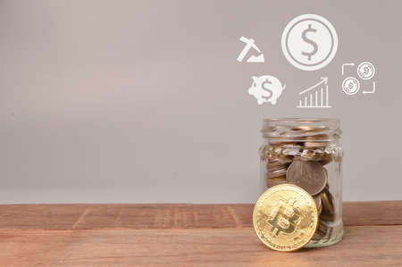 Stack of coins, golden bitcoin and bitcoin icon set.