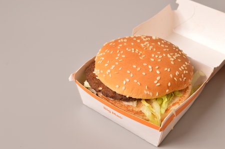 Klang, Malaysia: June 24, 2021- Big Mac burger in burger box. Copy spaceのeditorial素材