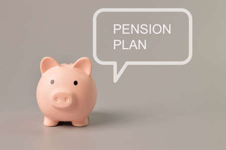 Front view of piggy bank with text PENSION PLAN.の写真素材
