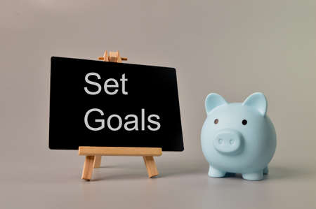 Piggy bank and chalkboard written with SET GOALSの写真素材