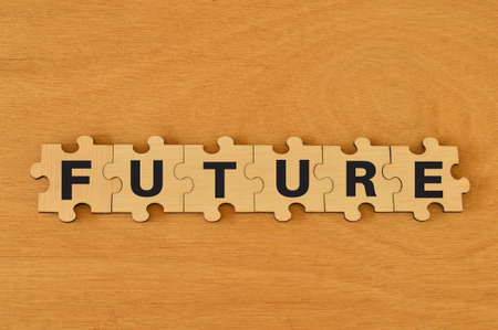 Wooden jigsaw puzzle with text FUTURE. Goals concept.の写真素材