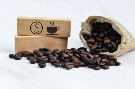 Coffee bean brown roasted with clock and mug symbols