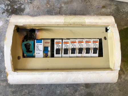 Klang, Malaysia: September 9, 2021- Burning electrical switchboards from overload or short circuit....