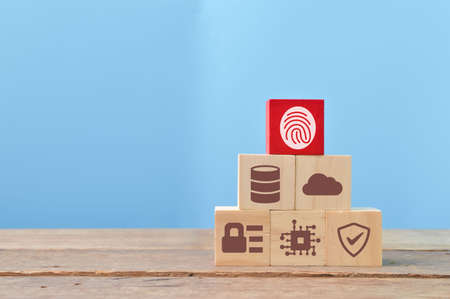 Red wooden block with finger print and data protection symbols