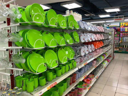 Selangor, Malaysia: November 15-Variety of plates displayed on shelving in household goods storeのeditorial素材