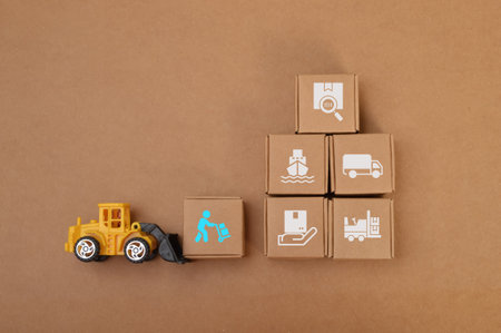 Stack of cardboard boxes and airplane with fast delivery of goods and products . Commodity trading, logistics, air cargo, parcels, airmail, shipping, fast delivery concept.の写真素材