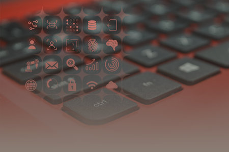 Laptop keyboard with computer technology security symbols.の写真素材