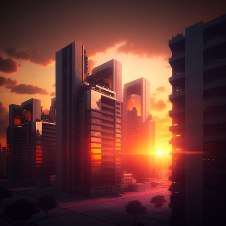 building in the city during sunset. The warm, golden light of the setting sun paints the urban skyline with a breathtaking display of color and shadow, offering a unique and awe-inspiring view of the city.の素材