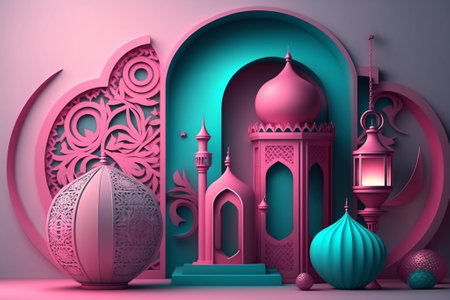 A Hot pink and cyan monotone design featuring a 3D modern Islamic holiday banner is adorned with a display podium holding a Ramadan Kareem lantern, metal moon, and mosque portal, Eid Mubarak concept. Generative Aiの素材