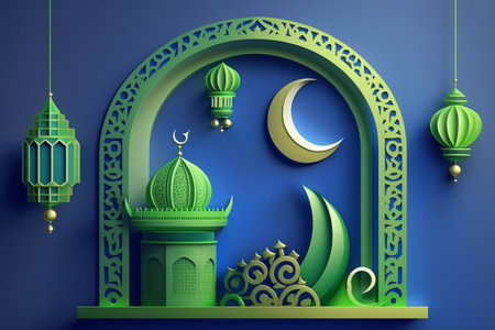 A display podium with a Ramadan lantern, metal moon, and mosque portal is included in the 3d modern Islamic holiday banner with a lime green and electric blue monotone design. Generative Aiの素材