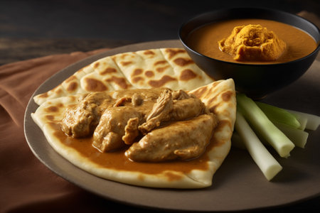 View of roti canai and chicken curry. Roti Canai and chicken curry is a great meal to share with friends and family, as it can easily be served family-style. Generative Aiの素材