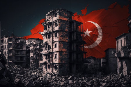 An illustration of Turkey earthquake disaster with flag. Symbolize the recent earthquake and calamity that struck this country. Generative Aiの素材
