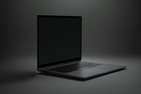 A 3D illustration of a laptop isolated on a black background, with an angled screen and empty space. Generative Aiの素材