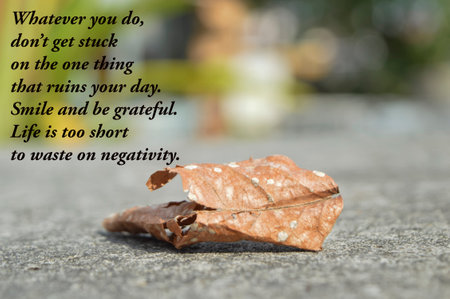 Motivational quote written with whatever you do, donât get stuck on the one thing that ruins your day. Smile and be grateful. Life is too short to waste on negativity.の写真素材