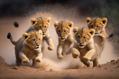 As the lion cubs play together, their soft, fluffy fur bounces with each energetic movement, and their adorable antics bring joy to all who witness them. Generative iの素材