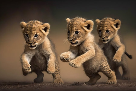 As the lion cubs play together, their soft, fluffy fur bounces with each energetic movement, and their adorable antics bring joy to all who witness them. Generative Aiの素材