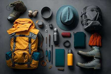 Flat lay of camping equipment and trekking clothes. Packing backpack for a trip concept with traveler items isolated on a grey background. Generative AI.の素材