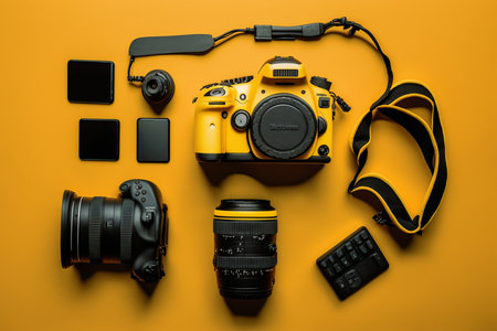 Flat lay or top view of photographer workplace with dslr camera, lens, pen tablet and camera accessories with yellow background. Camera, photography, visual and travel content concept. Generative AI.の素材
