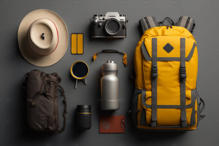 Flat lay of camping equipment and trekking clothes. Packing backpack for a trip concept with traveler items isolated on a grey background. Generative AI.の素材