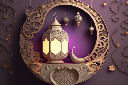 3D Ramadan Kareem holiday design and Eid Mubarak. Islamic banner background. Celebrate Ramadhan Holy month in Islam. Background Realistic 3d with crescent hanging lanterns. Generative AI.の素材