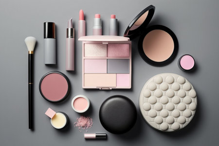 An elegant display of professional decorative cosmetics, makeup tools, and accessories on a refined grey background, forming a captivating flat lay frame composition. With ample copy space for text, it beautifully conveys the beauty, fashion, party, and shopping concepts. Generative AIの素材